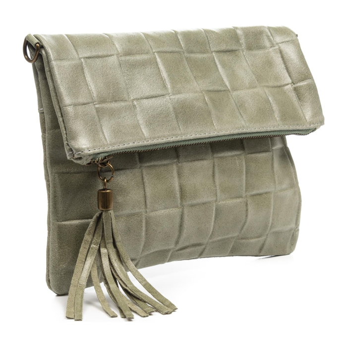 FIRENZE ARTEGIANI Alzano bolso bandolera mujer. Piel auténtica Gamuza con grabado geométrico grande. Fabricado en Italia 27x5x29 Cm. Color: Verde Claro Militar