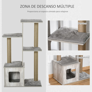árbol Rascador para Gatos 67x38,5x114 cm Torre de Escalada de Gatos con Cueva de Madera Múltiples Plataformas y Postes de Rascar de Yute Juego y Descanso Gris