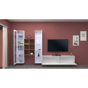 Parete attrezzata Eros, Set salotto porta TV a 3 ante, Mobile soggiorno multiuso con vetrina e luce LED, 100% Made in Italy, cm 320x30h180, Bianco lucido