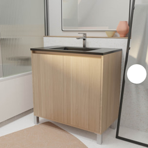 Meuble de salle de bains 80 cm 2 Portes Chêne Clair + Vasque Céramique Noire - XENOS