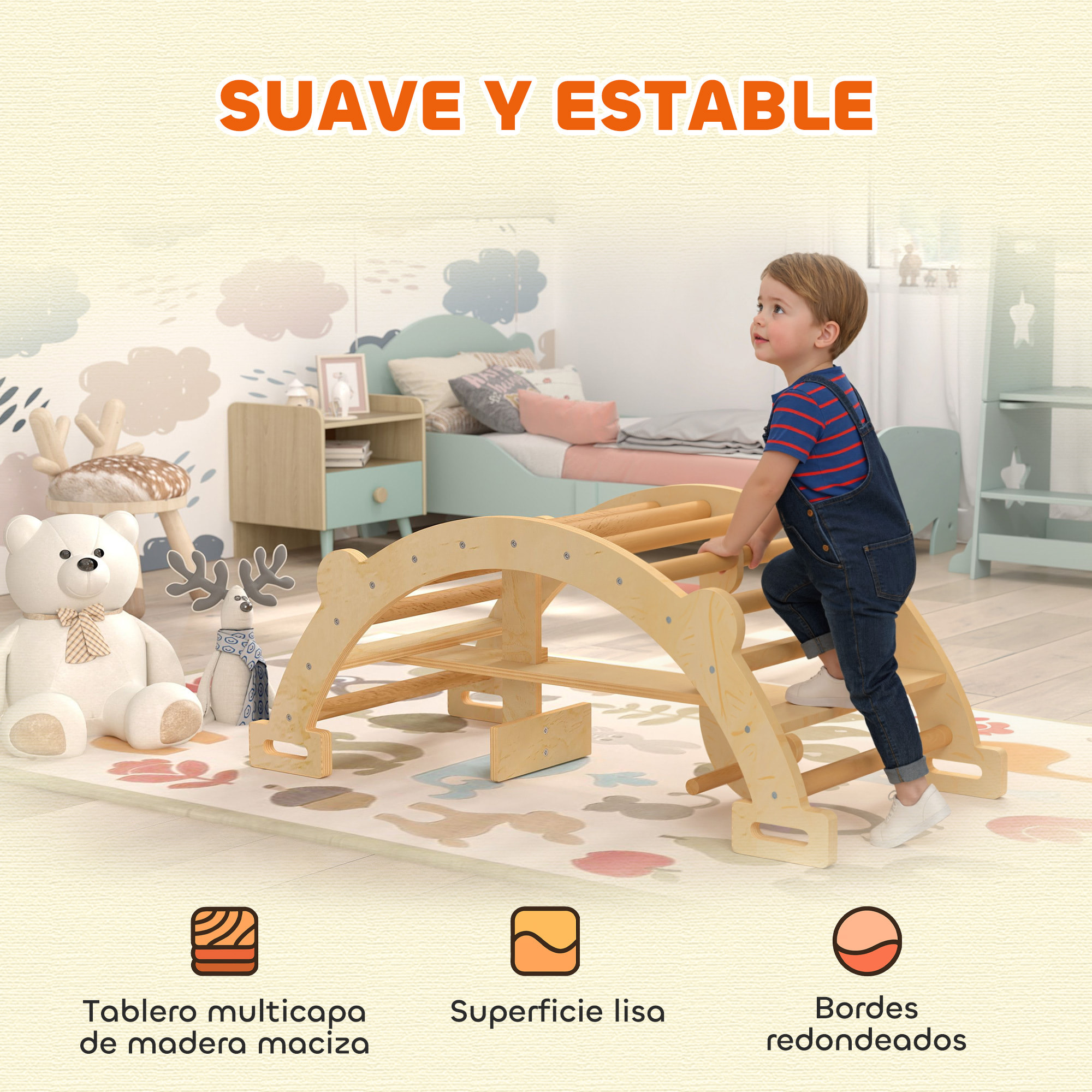 2 en 1 Arco de Escalada de Madera y Caballito Balancín, Estructura de Escalada Montessori, Juguetes Educativo de Interior para Niños de 2-4 Años, Natural