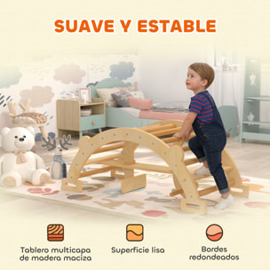 2 en 1 Arco de Escalada de Madera y Caballito Balancín, Estructura de Escalada Montessori, Juguetes Educativo de Interior para Niños de 2-4 Años, Natural