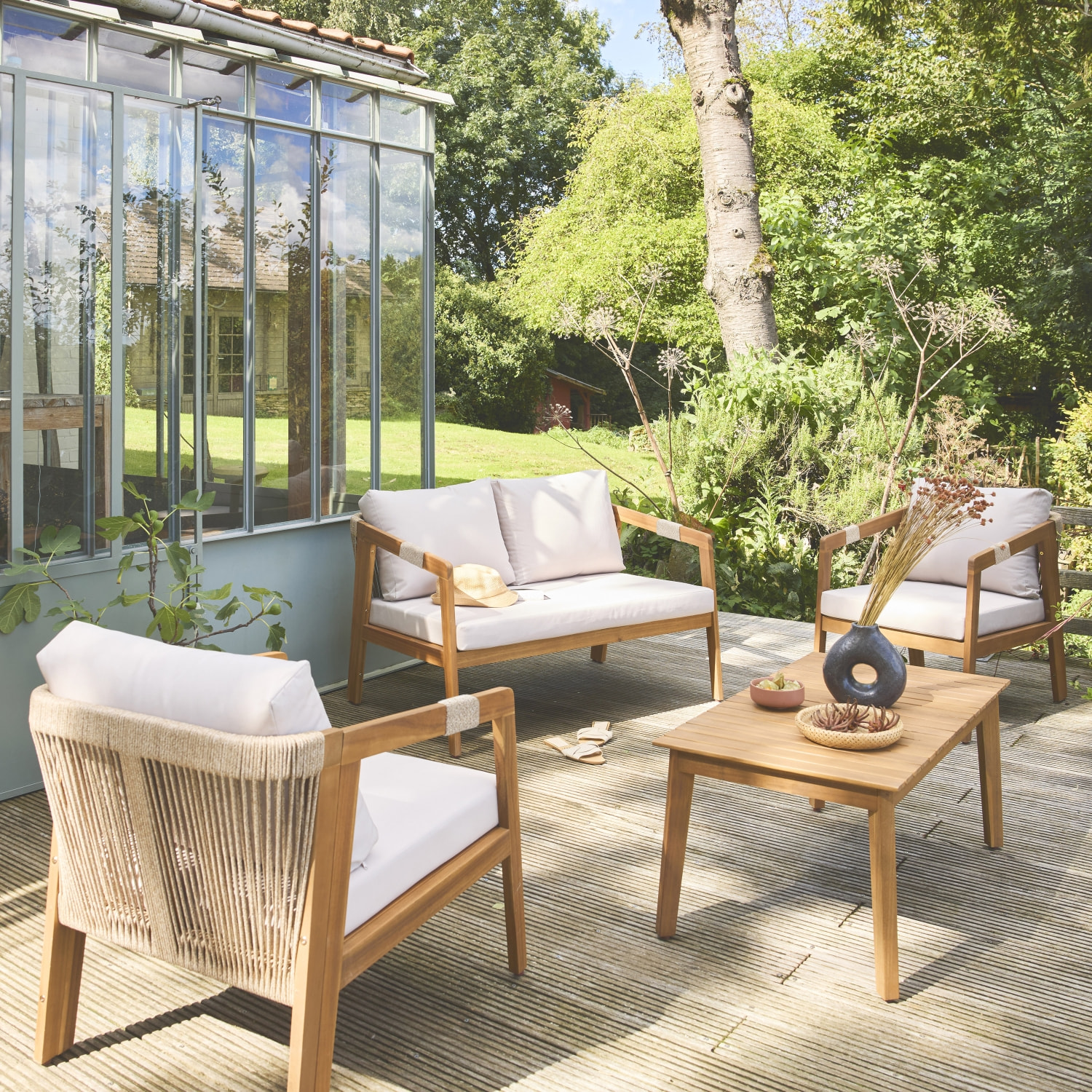 Salon de jardin en acacia 4 places beige avec cordes LOBERIA. table rectangulaire