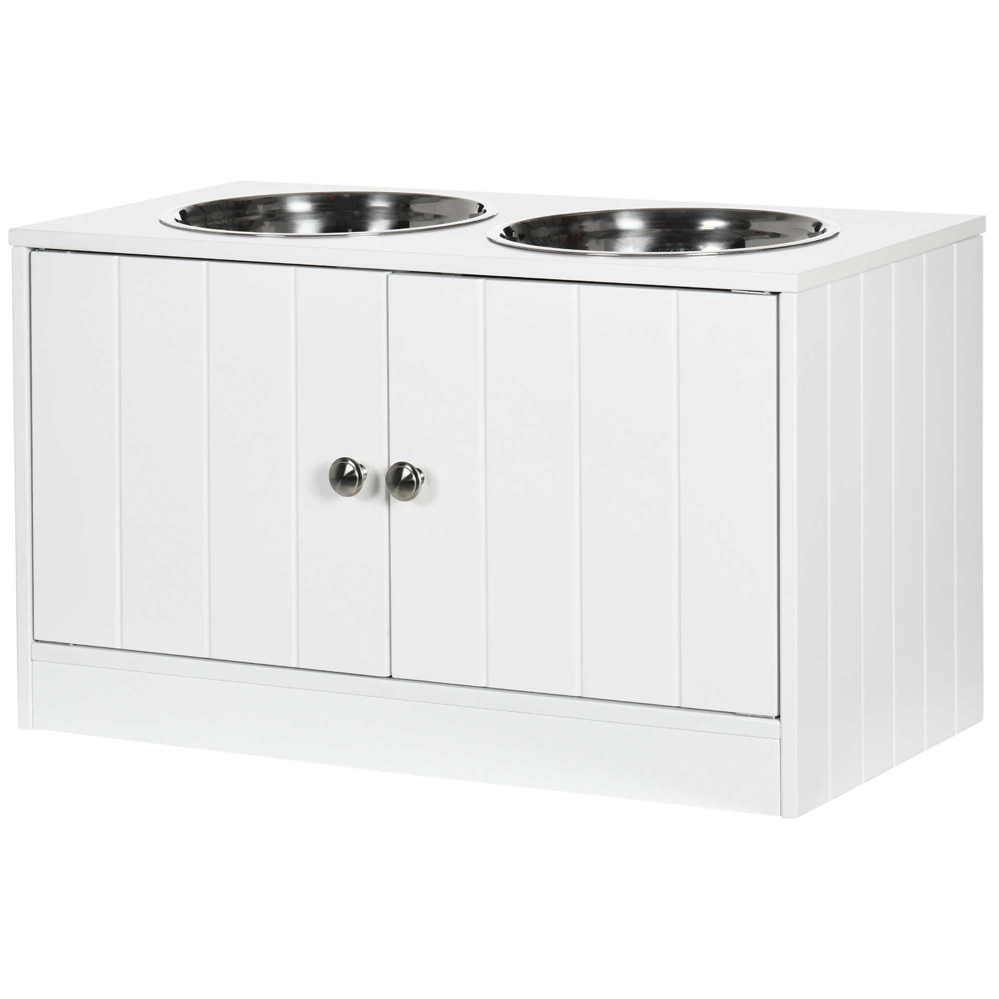 Gamelle double chien chat - porte-gamelles surélevé armoire 2 en 1 - 2 portes, 2 gamelles - acier inox. MDF blanc