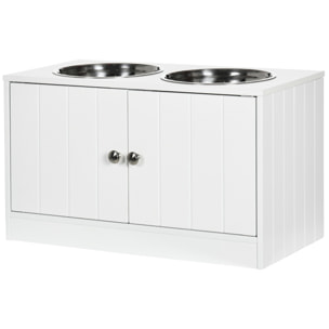 Gamelle double chien chat - porte-gamelles surélevé armoire 2 en 1 - 2 portes, 2 gamelles - acier inox. MDF blanc