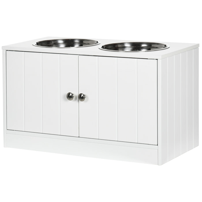 Gamelle double chien chat - porte-gamelles surélevé armoire 2 en 1 - 2 portes, 2 gamelles - acier inox. MDF blanc