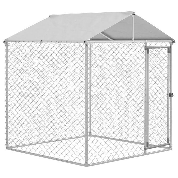 Perrera Jaula de Exterior para Perros Medianos Parque para Perros con Cerradura Marco de Acero Toldo Impermeable y Anti-UV 200x200x237 cm Plata