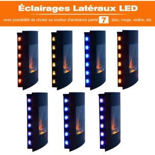 Cheminée électrique murale éclairages latéraux LED design avant-gardiste affichage LED avec télécommande et minuterie 1000/2000 W luminosité réglable noir