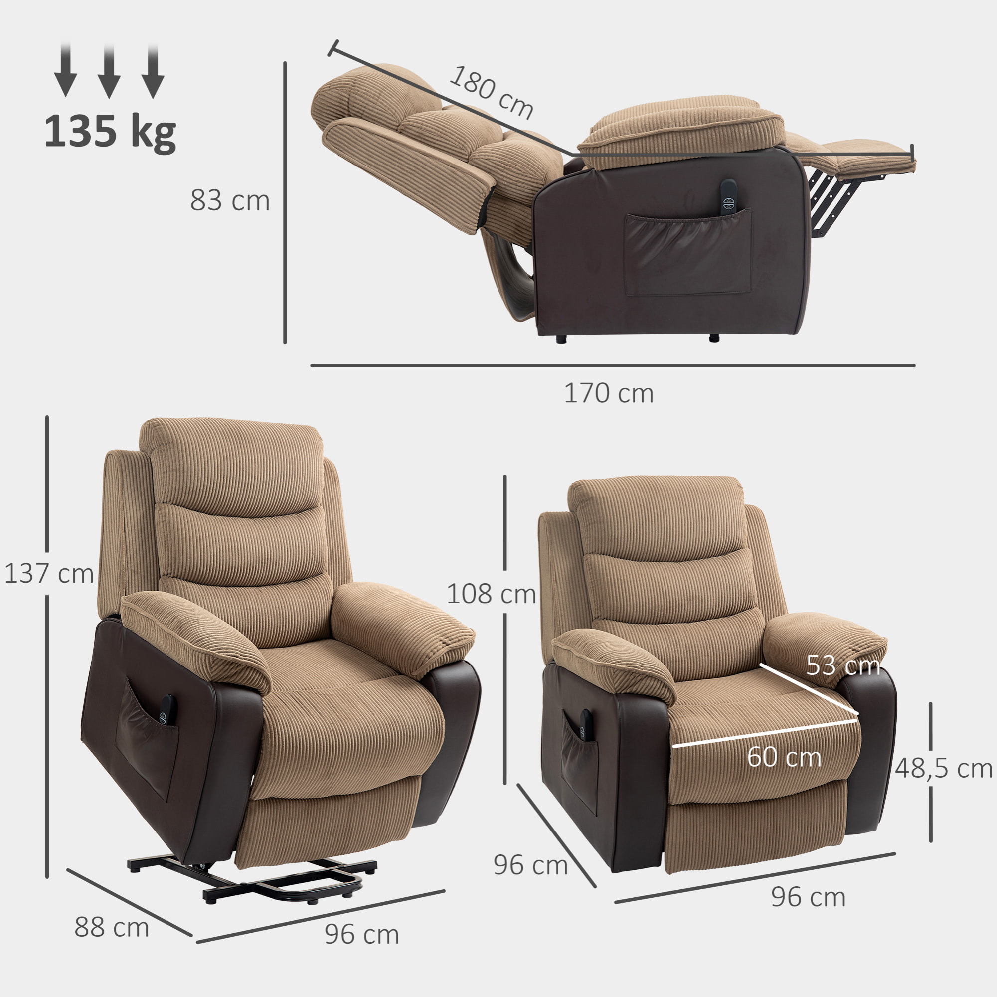 Sillón Relax Reclinable Eléctrico Levanta Personas, Sillón Elevador, con Puerto USB, Control Remoto, Reposapiés, Tapizado en Pana, Bolsillos Laterales, Marrón