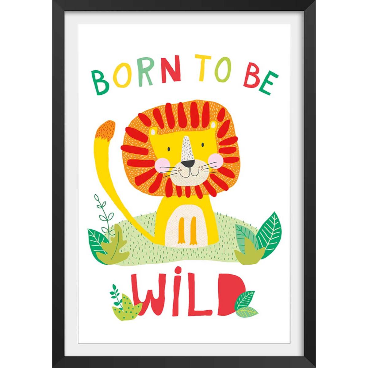 Affiche enfant lion born to be wild Affiche + cadre en bois - Noir