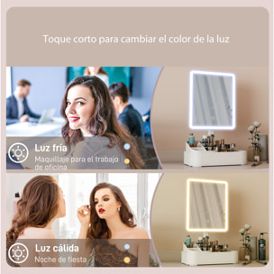 Espejo Maquillaje con Luz LED, Espejo Tocador Recargable con 2 Modos de Iluminación, Rotación de 180°, Brillo Ajustable, Compartimentos, Interruptor Táctil, para Cuidado de Piel, Blanco