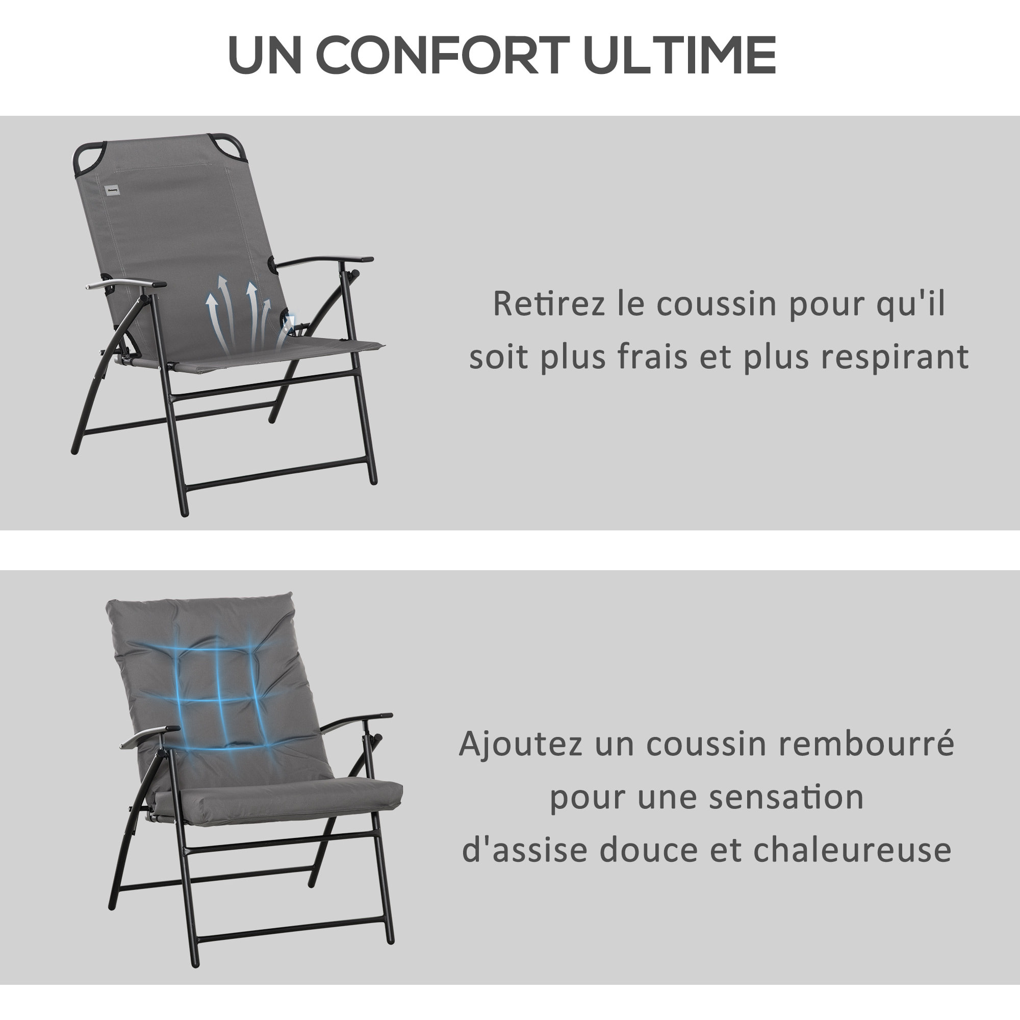 Chaise de camping pêche pliable portable haut dossier inclinable épais coussin matelassé inclus gris