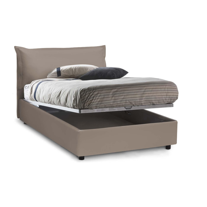 Letto piazza e mezza Letizia, Letto contenitore con rivestimento in ecopelle, 100% Made in Italy, Apertura frontale, con materasso Cm 120x200 incluso, Tortora