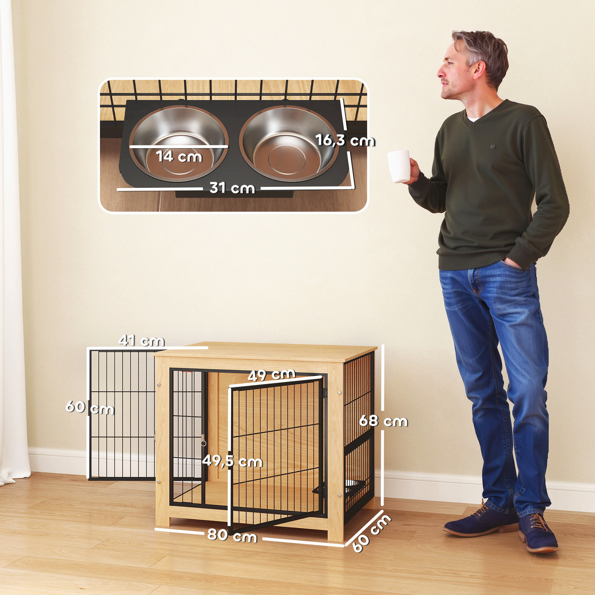 Jaula para Perros Mesa Auxiliar Moderna Casa para Mascotas con 2 Puertas Soporte Giratorio con 2 Tazones y Estructura de Acero para Perros Medianos 80x60x68 cm Roble