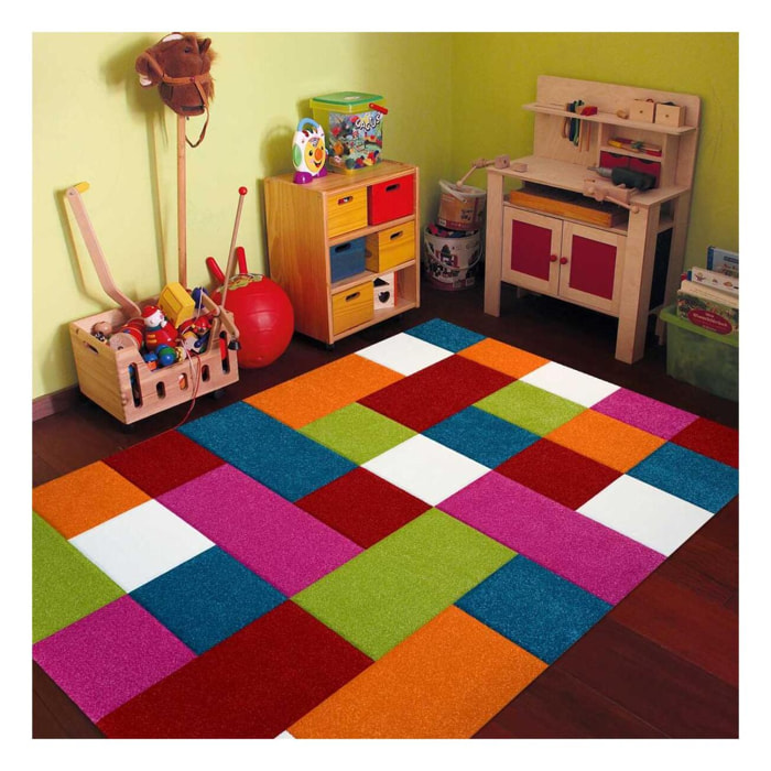 tapis chambre 120x170 tissé multicolore rectangle motif damier CARREAUX