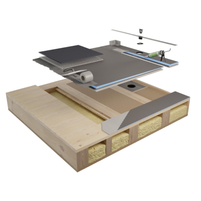 Pack receveur de douche pré-penté 104 x 160 x 2,6 cm WEDI Fundo Flex bois + bonde horizontale + écoulement linéaire + support + colle 610 + kit d'étancheité