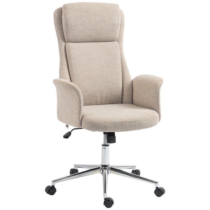 HOMCOM Silla de Escritorio Giratoria Tapizada en Chenilla, Silla de Oficina con Respaldo Alto, Función de Balanceo, Altura Ajustable, Reposabrazos Acolchados y Ruedas de PU, Beige