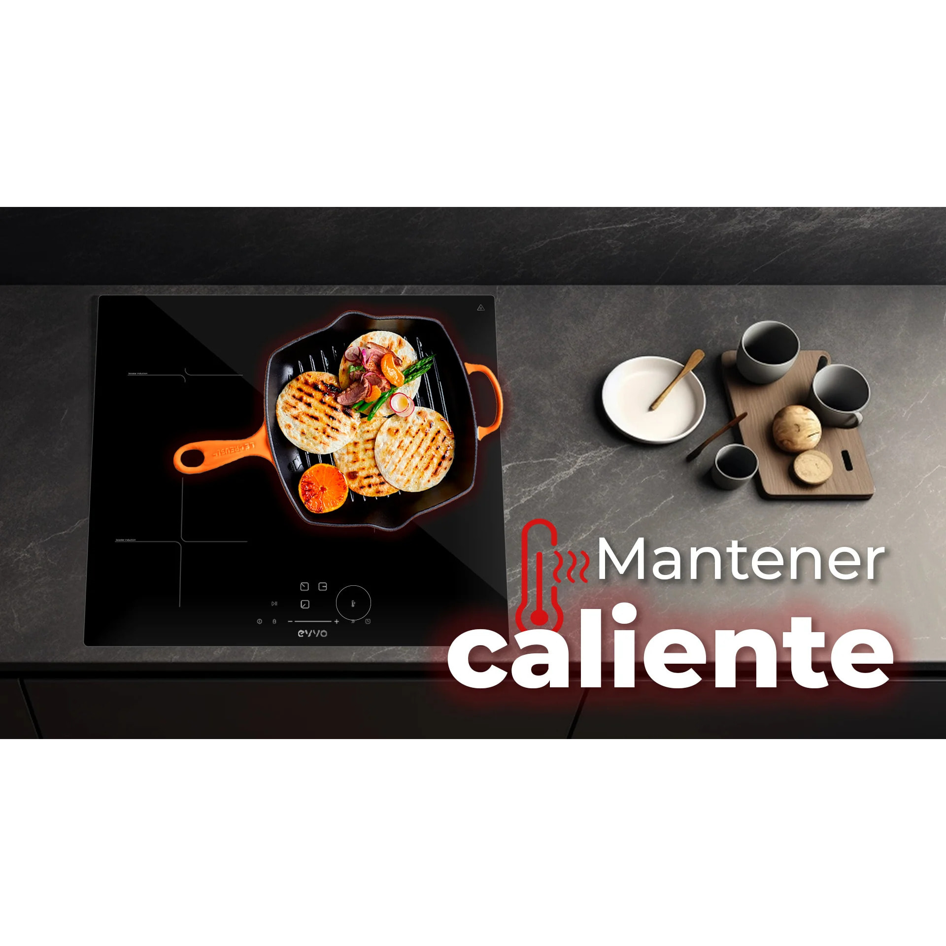 EVVO Placa Inducción 3 zonas de cocinado V61, Potencia máxima 7.200W, 9 niveles, máx diámetro 30 cm, booster, control táctil, indicador de calor