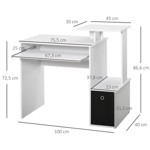 Bureau informatique multimédia étagères tablette clavier panier noir panneaux particules blanc