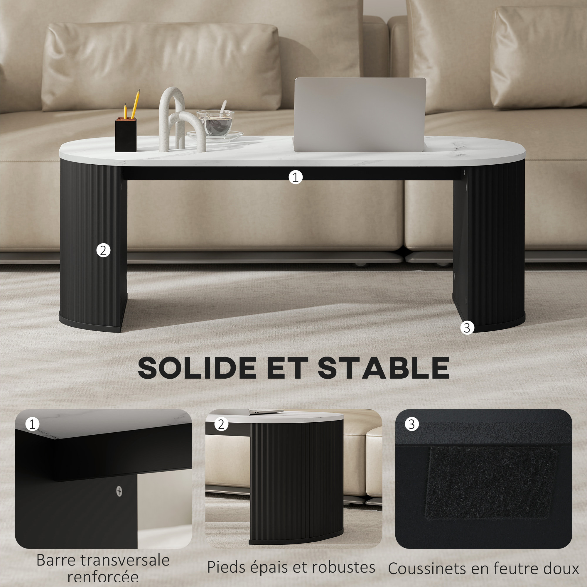 Table basse design ovale effet marbre blanc dim. 110 x 50 x 40 cm noir