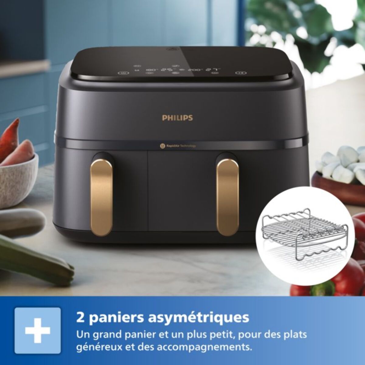 Friteuse sans huile PHILIPS NA352/04 Friteuse sans huile double panier Noir/Doré, Série 3000 9L (3+6L) avec accessoire