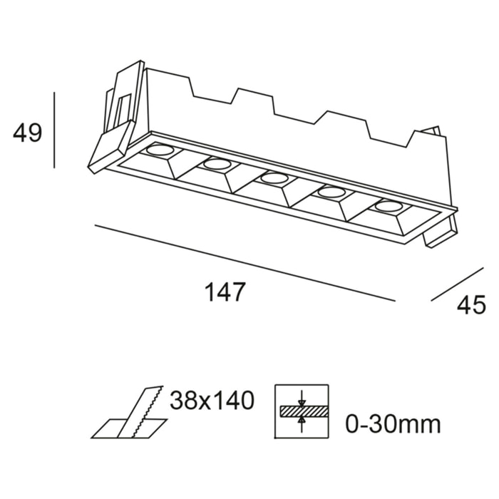 Forlight Jim - Downlight Empotrable de Techo LEDx5 Rectangular Luz Cálida 3000K de Aluminio Color Blanco 147x45mm