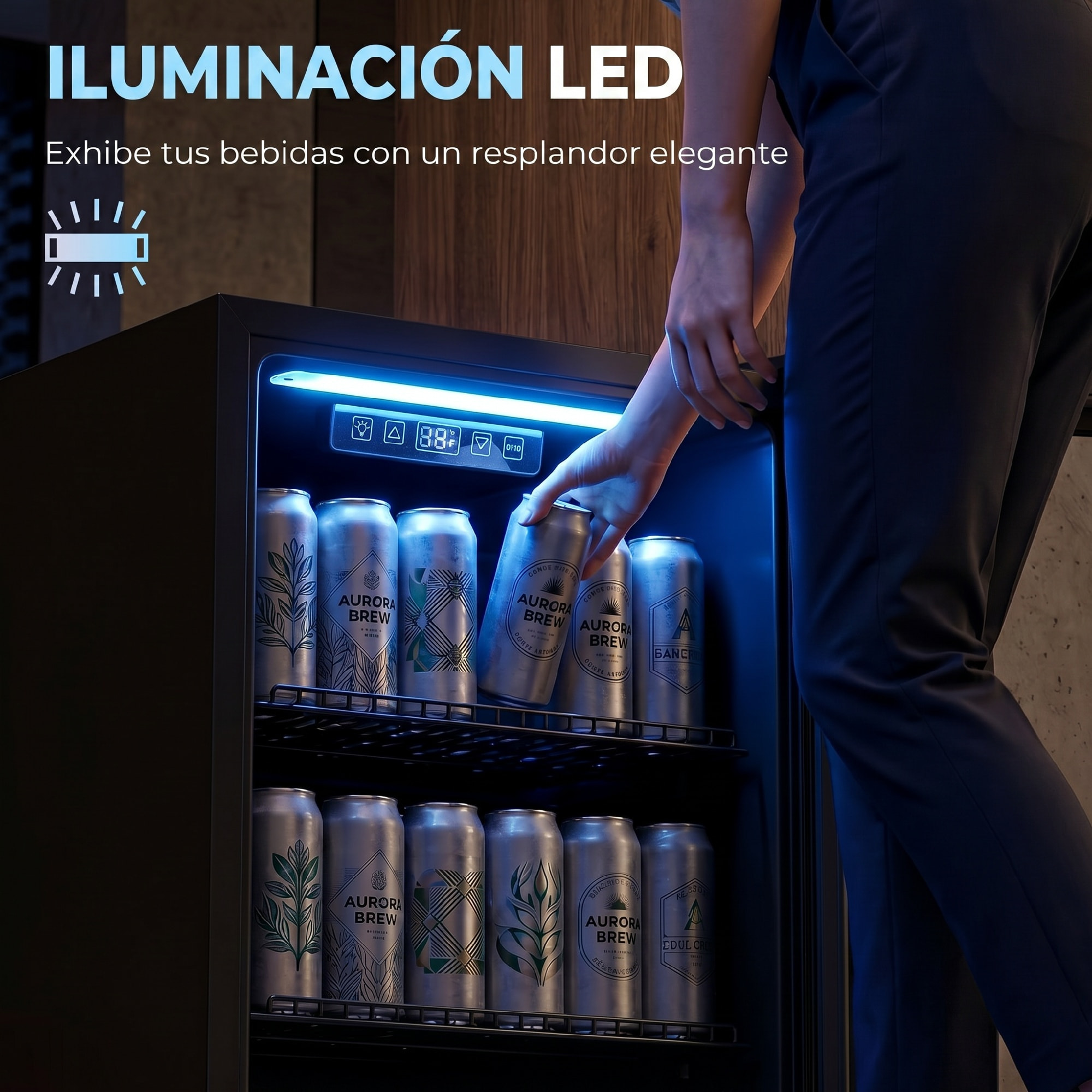 Frigorífico de Bebidas 70 L, Mini Nevera con Puerta de Vidrio Doble, Iluminación LED, 2 Estantes Ajustables, 2-18℃, para 70 Latas, Nevera Pequeña para Refrescos, Cerveza y Vino