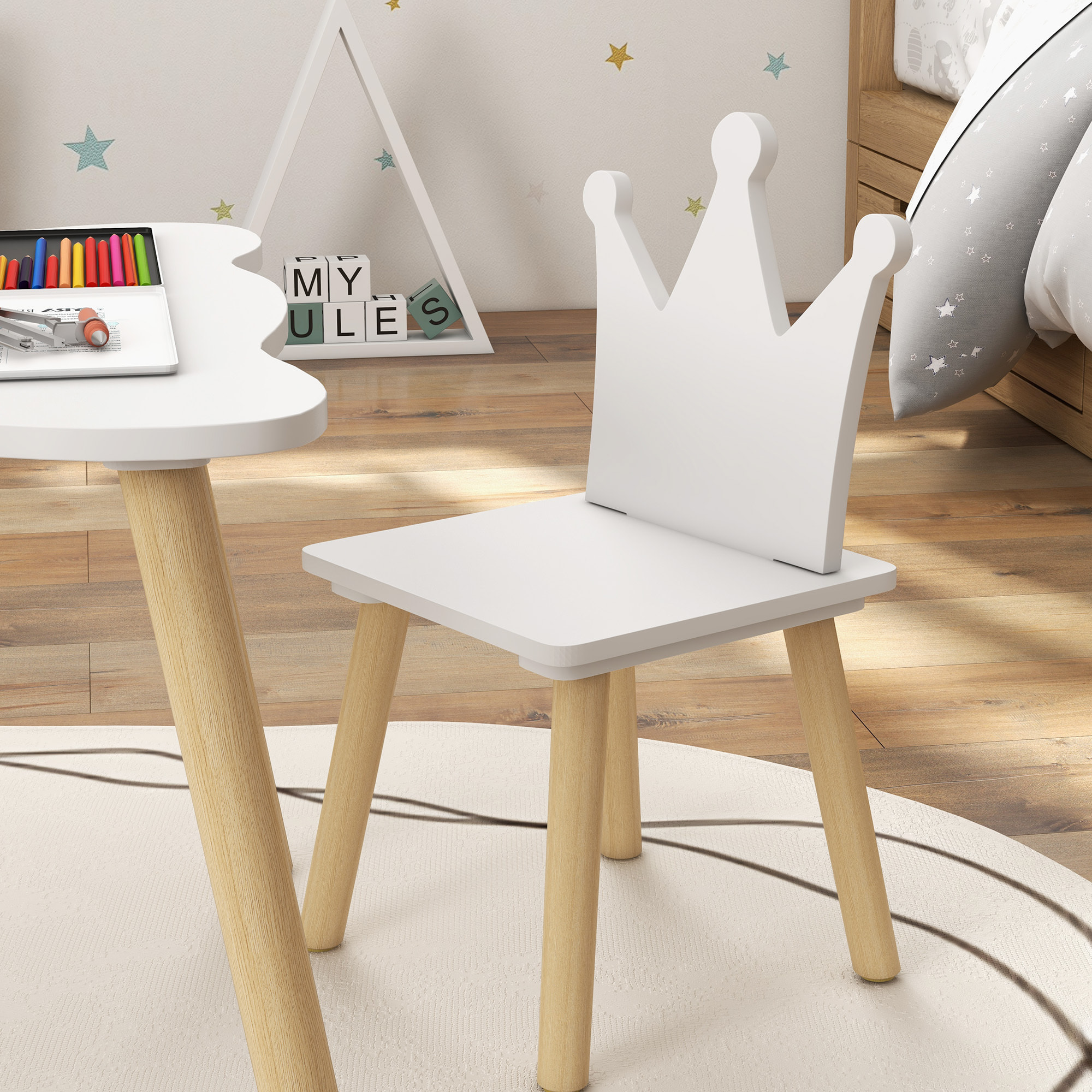 Mesa y Sillas Infantiles de 3 Piezas Mesa Infantil con 2 Sillas con Respaldo en Forma de Corona para Niños de 3-6 Años para Sala de Juegos Dormitorio Guardería Blanco