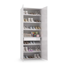 Scarpiera Tarassaco, Mobile multiuso da ingresso con anta a specchio , Armadio moderno portascarpe a 6 ripiani, 100% Made in Italy, Cm 72x37h195, Bianco