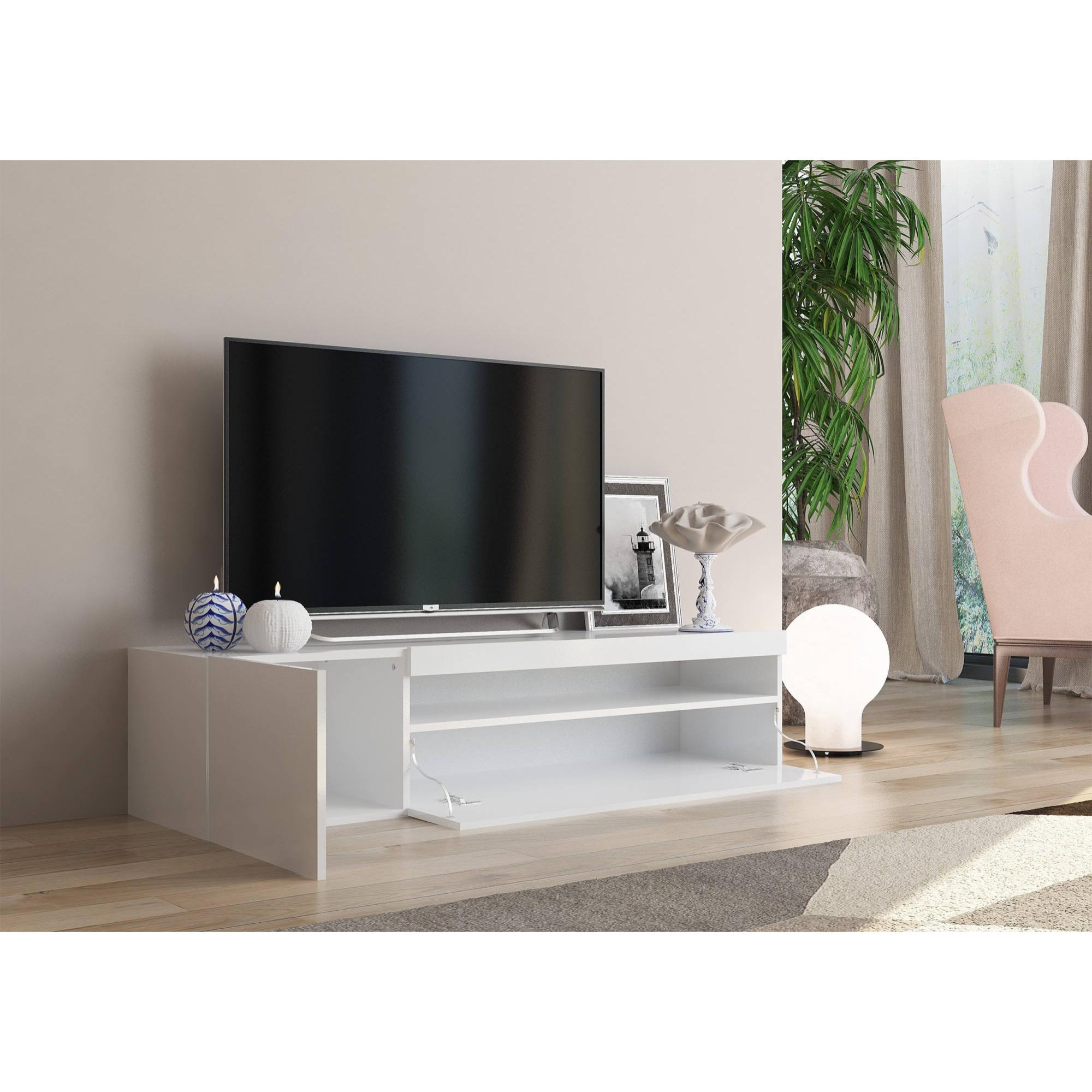 Mobile da soggiorno Porta TV, Made in Italy, Supporto per TV a 2 ante, Porta TV da salotto, cm 150x40h37, colore Bianco lucido