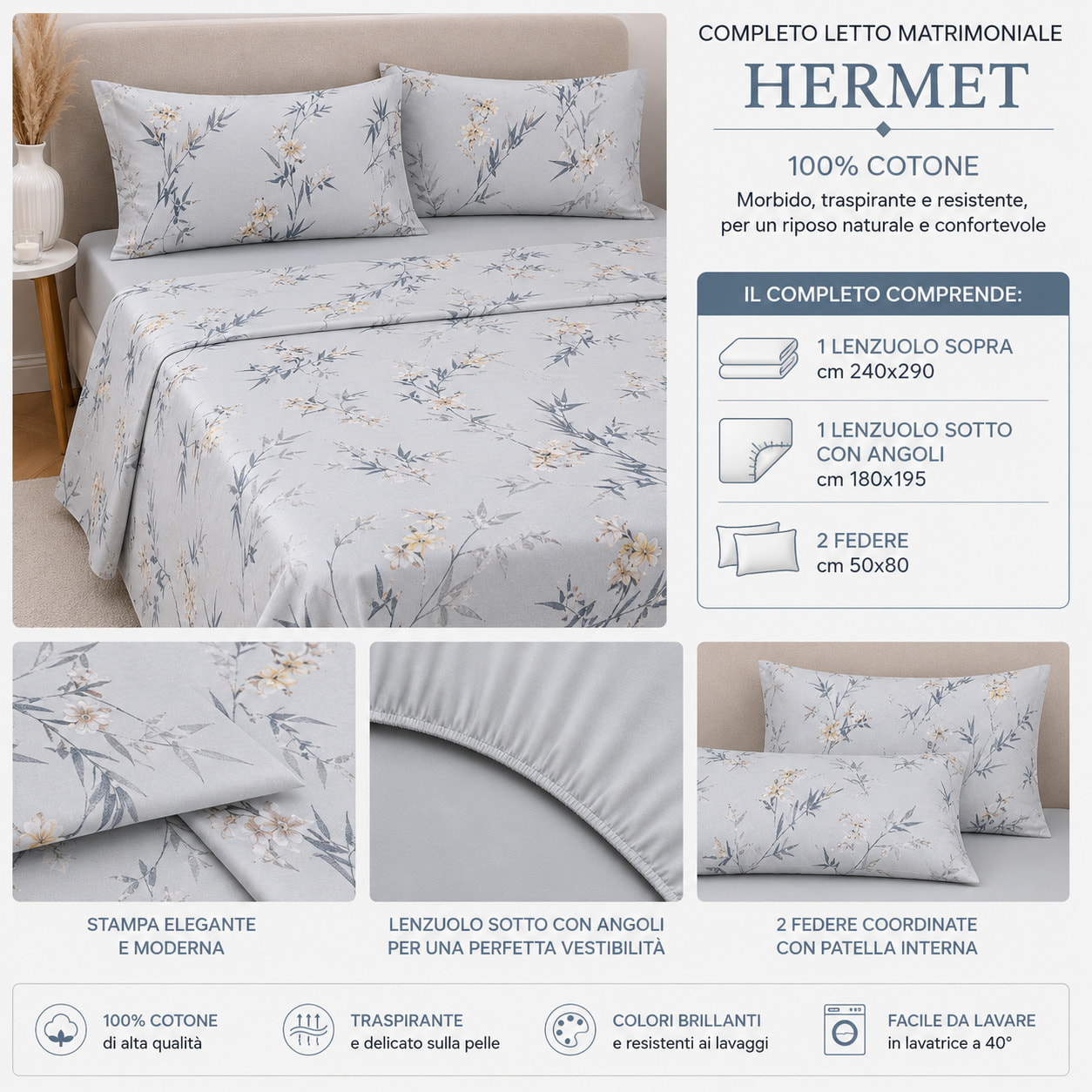 HERMET Completo Letto Matrimoniale Livia Avio 100% Cotone 240x290 cm