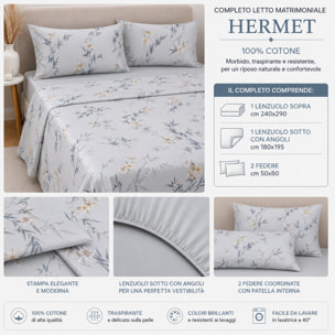 HERMET Completo Letto Matrimoniale Livia Avio 100% Cotone 240x290 cm