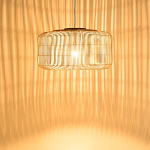 SIXTINE - Suspension 'seau' 76x76cm en rotin couleur naturelle et teck
