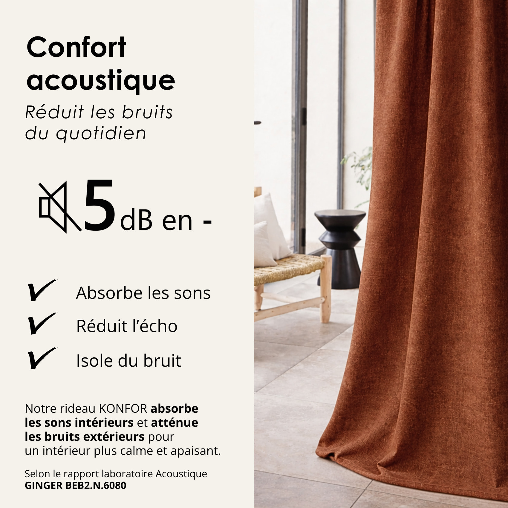 Rideau thermique phonique et semi occultant à galons fronceurs KONFOR - Marron Clair