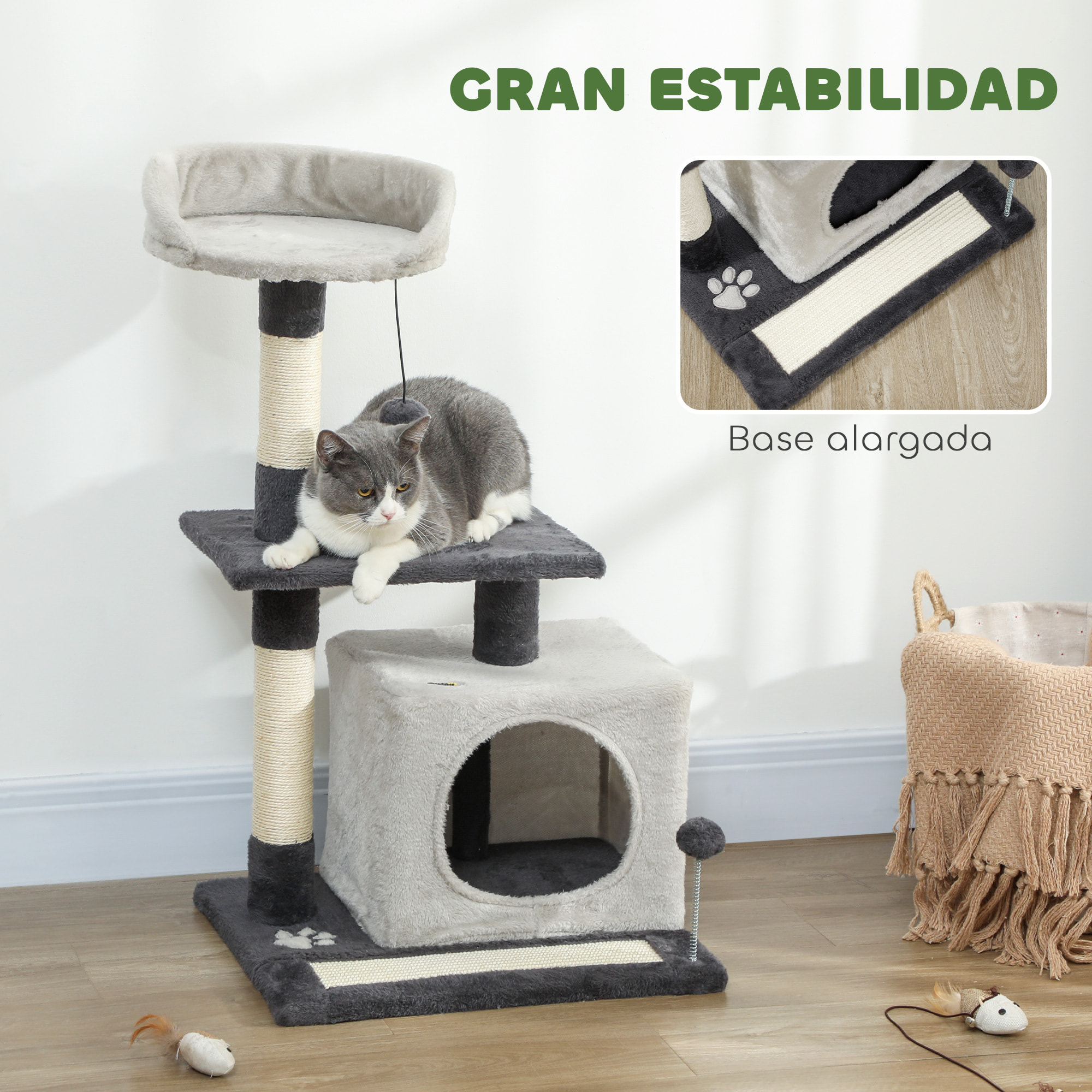 Árbol Rascador para Gatos, Árbol para Gatos 85 cm, Torre Escalador con Plataformas, Cueva, Postes Rascadores, Tapete de Sisal, Bolas, Gris Claro y Negro