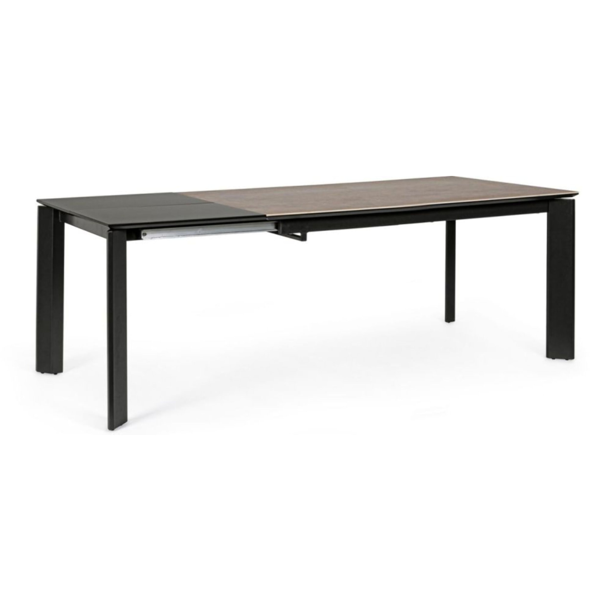 Tavolo BRIVA in acciaio nero e piano in ceramica marrone, allungabile 160×90 cm – 220×90 cm