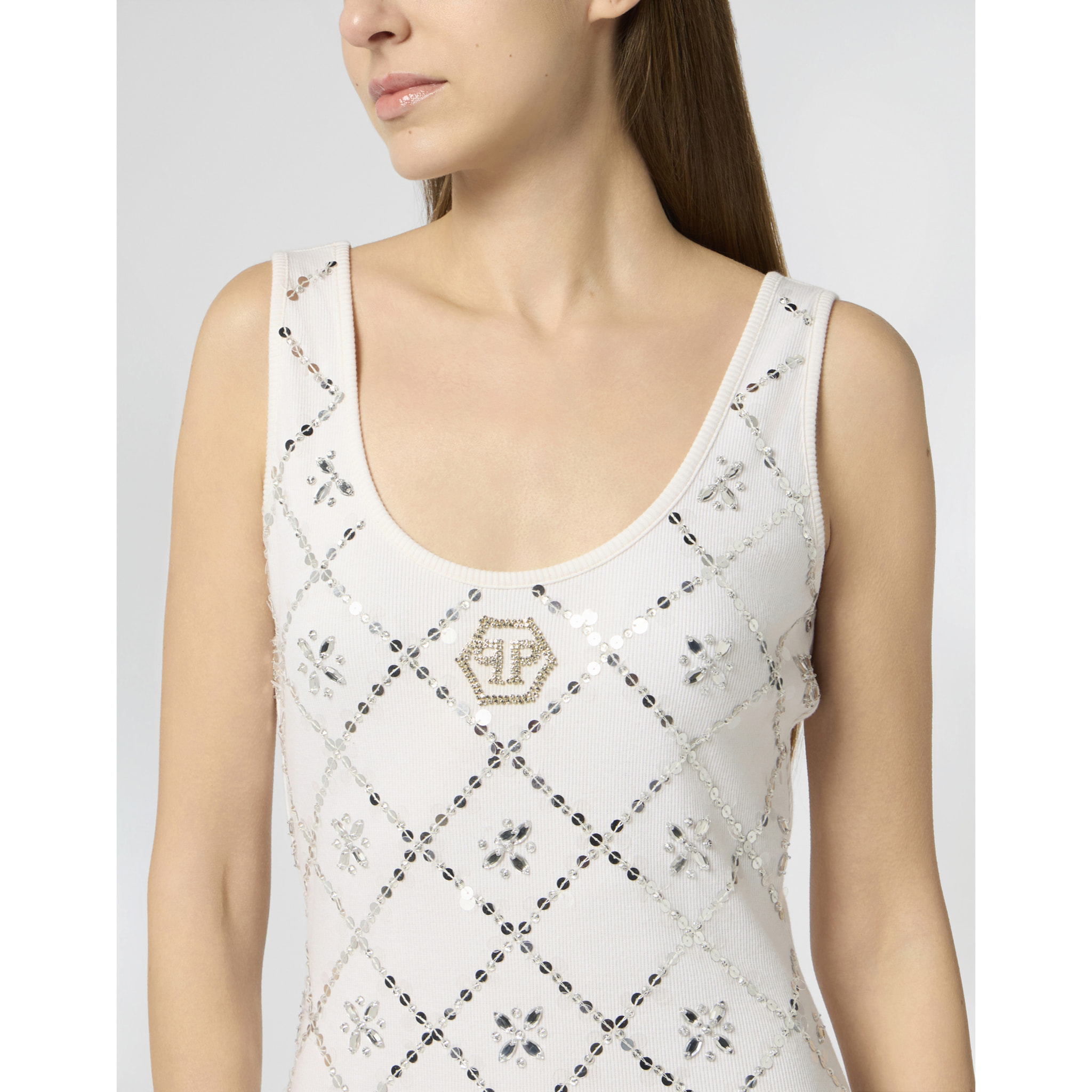 PHILIPP PLEIN Long Tank Dress Rhomb Flowers Strass