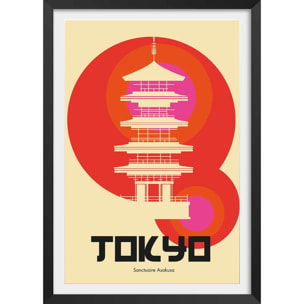 Affiche tokyo temple asakusa Affiche + cadre en bois - Noir
