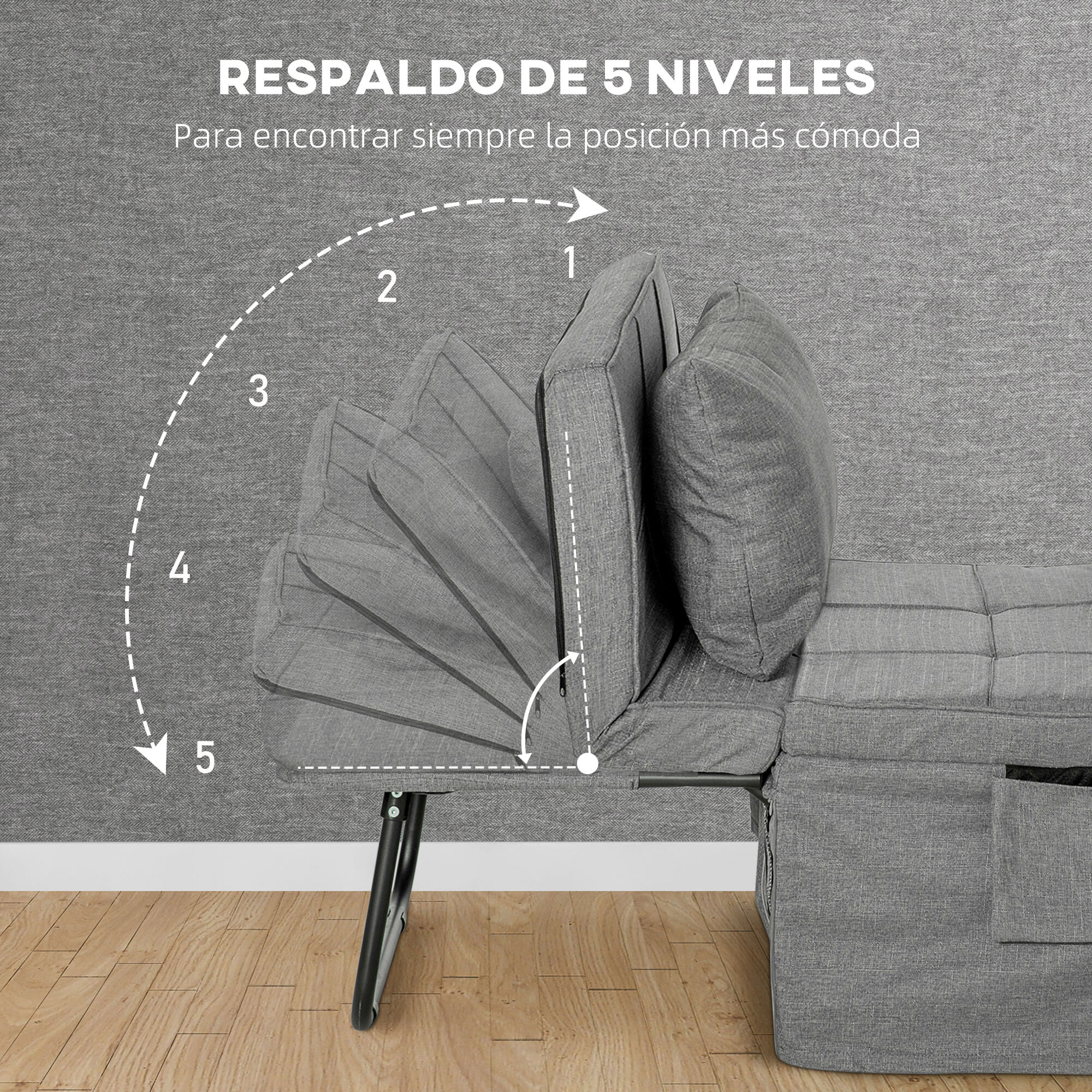 Sofá Cama de 1 Plaza 4 en 1, Sillón Cama Plegable, Tapizado en Lino, con Respaldo Ajustable de 5 Niveles, Almohada Acolchada, para Oficina, Dormitorio, Salón, 75x80x74 cm, Gris
