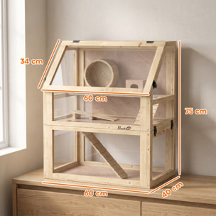 Cage rongeur hamster en bois dim.60x40x75cm 3 niveaux rampes roue bascule cabane naturel