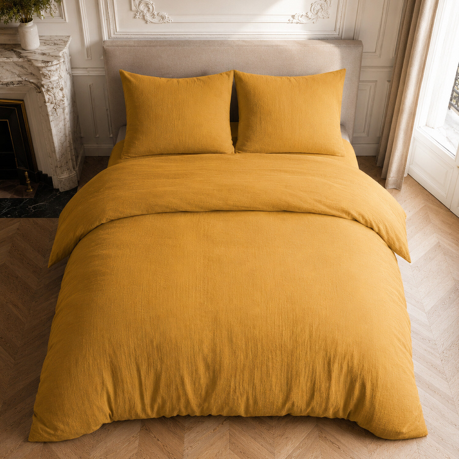 Parure housse de couette 100% gaze de coton unie ocre, RELAX