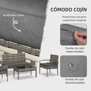 Conjunto de Jardín de Ratán Sintético Juego de 4 Piezas Muebles de Jardín con 2 Sillones 1 Sofá de 2 Plazas y 1 Mesa de Centro de Tablero de Vidrio para Patio Gris