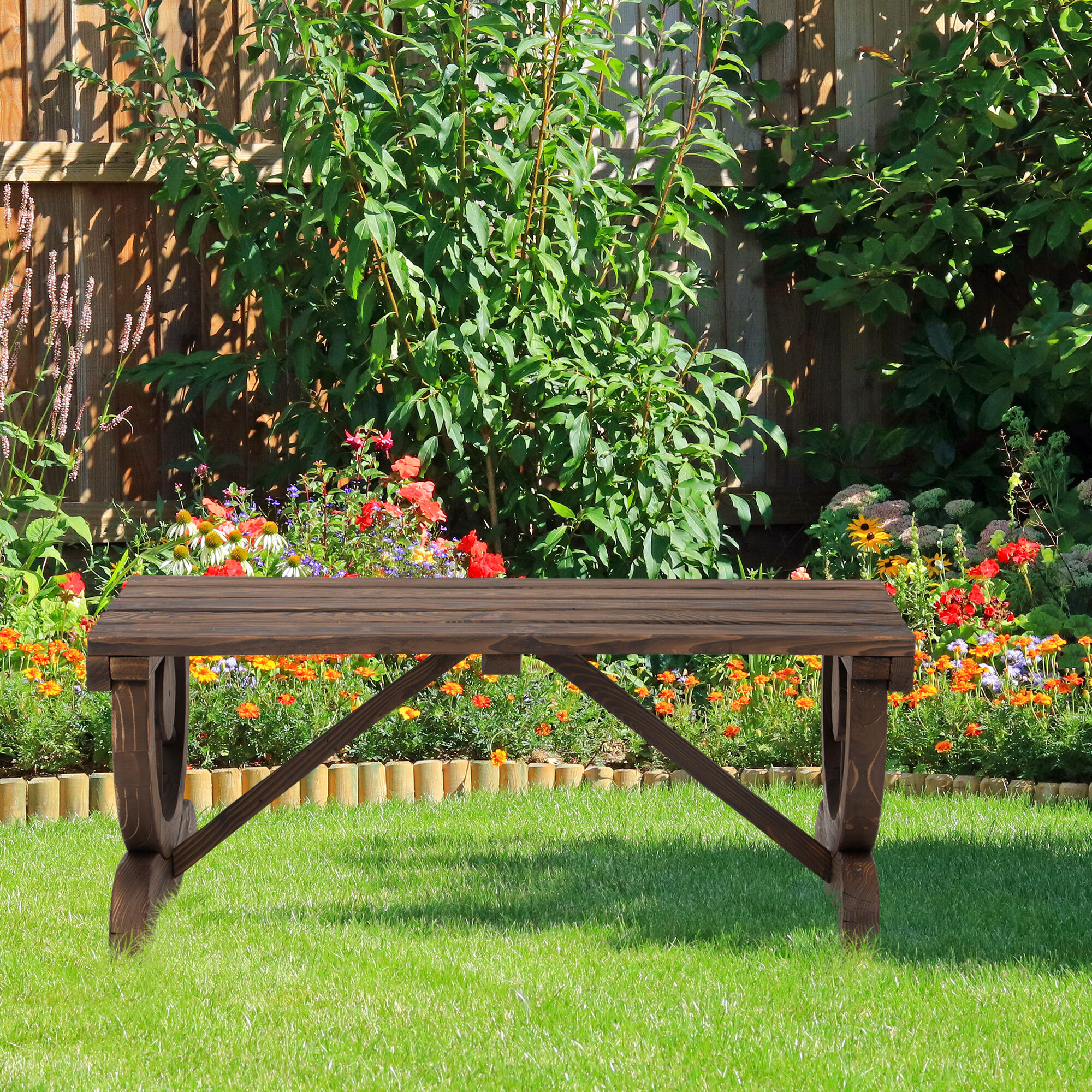 Banco de Jardín de 2 Plazas Banco de Madera con Ruedas Decorativas Estilo Rústico Carga 250 kg para Patio Terraza Balcón 98x50x39,5 cm Carbonizado