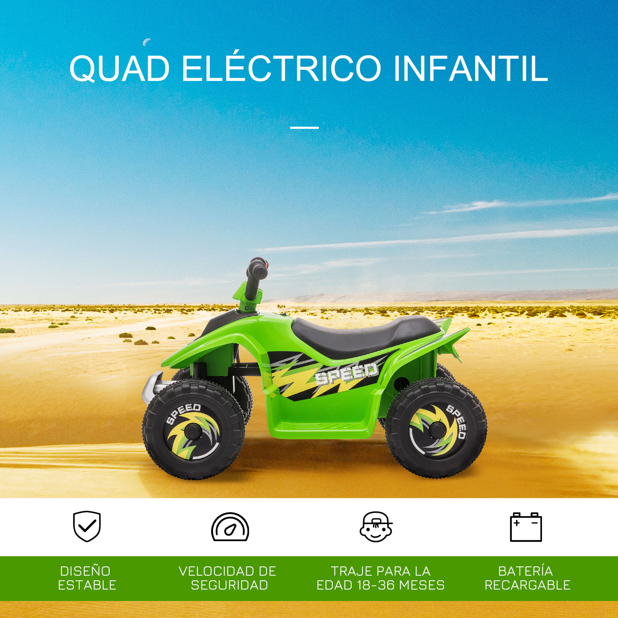 Quad Eléctrico para Niños de 18-36 Meses Vehículo Eléctrico Cuatrimoto a Batería 6V con Avance y Retroceso Carga Máx. 20 kg 72x40x45,5 cm Verde