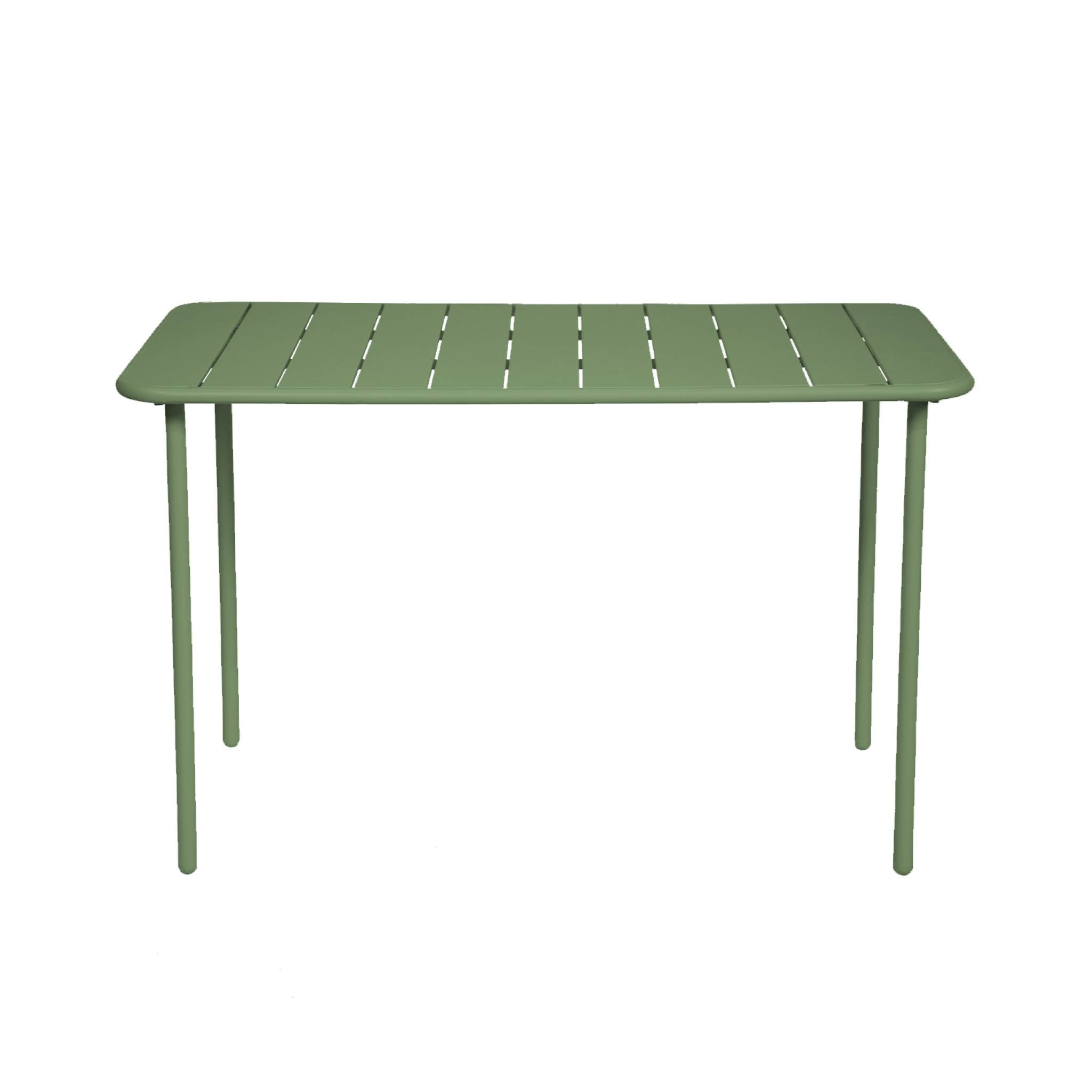 Table de jardin métal 4 places. vert. Amelia. 120x70cm. traitement antirouille. lattes et bords arrondis
