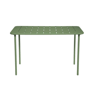 Table de jardin métal 4 places. vert. Amelia. 120x70cm. traitement antirouille. lattes et bords arrondis
