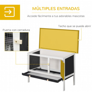 Conejera de Madera Exterior Jaula Elevada para Conejos Cobayas Animales Pequeños con Techo Asfáltico Abatible Bandejas Extraíbles y Puerta con Pestillo 90x45x65 cm Negro