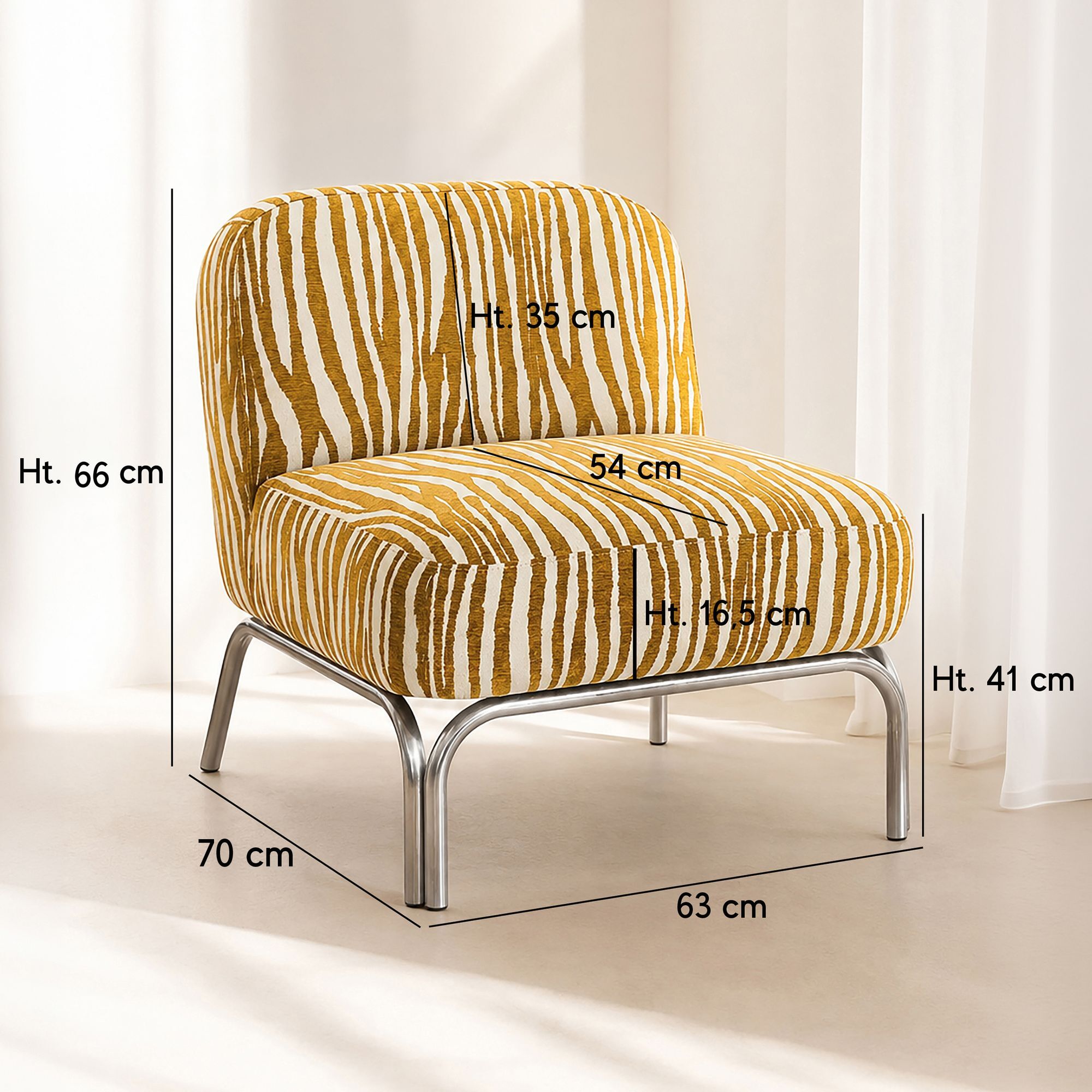 Fauteuil en tissu chenille zebré ocre et pied chromé SAVARA