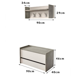 Mobile da ingresso Dap, Entratina moderna con appendiabiti, Mobile con scarpiera, Armadietto multifunzione, Cm 50x32h182, Cemento e Bianco