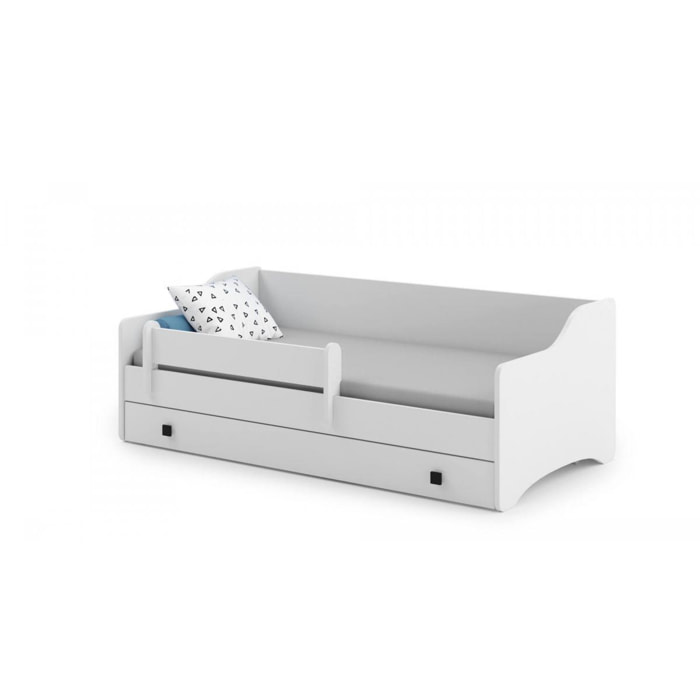 Letto singolo per bambini, Lettino con cassettone e protezione anticaduta per cameretta, cm 164x85h60, colore Bianco e Nero